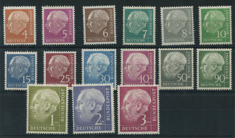 GERMANY: 1954 Heuss 16 values to 3Dm including rare 50pf slate Michel #189, fresh MUH, Cat. ��220+