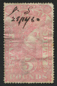VICTORIA - Revenues: 1879-87 Wmk V/Crown Sideways £5 Pink P.12½, horizontal crease, couple pinholes, 1880 pen cancel.