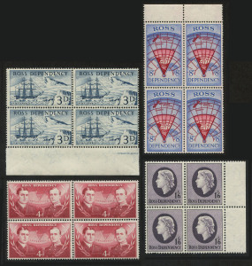 NEW ZEALAND: ROSS DEPENDENCY: 1957 (SG.1-4) 3d - 1/6 complete set in fresh blocks of 4, (16). MUH.