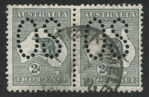 Kangaroos - First Watermark: 2d Grey, horizontal pair (2) perforated large OS, GU.
