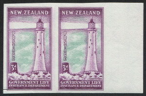 NEW ZEALAND: LIFE INSURANCE: 1947-65 (SG.L46) 3d Eddystone Lighthouse imperforate proof pair, scissor cut affecting left-hand unit (see reverse scan), fresh MUH.