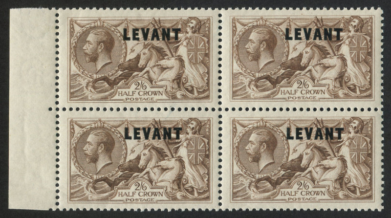 British Postal Agencies in Eastern Arabia: BRITISH LEVANT: 1921 (SG.L24) 2/6 chocolate-brown Seahorse, marginal block of (4) superb MUH. Cat.�152++.