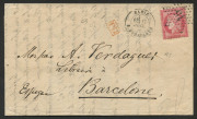 FRANCE - Postal History: 1873 (Jul. 12) folded letter to Barcelona with perforated 80c rose Ceres (Dallay #56) tied by Star '15' (large figures) cancel with PARIS/BONAPARTE datestamp alongside, boxed 'PD' handstamp in red; fine condition.