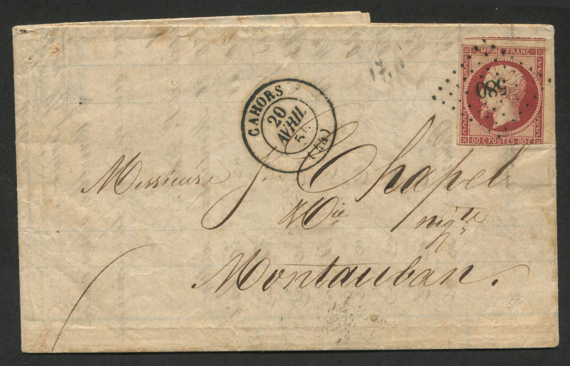 FRANCE - Postal History: 1855 (Apr. 20) folded letter to Montauban with imperf 80c carmine Napoleon (Dallay #16A, shaved at base, fragment of adjoining stamp at top) tied by superb '580' (small figures) lozenge, adjacent CAHORS datestamp, MONTAUBAN arriv