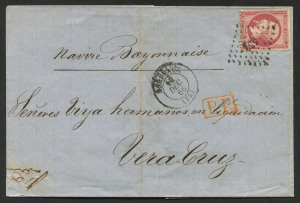 FRANCE - Postal History: 1866 (Dec.12) outer to Vera Cruz, Mexico with perforated 80c rose Napoleon (Dallay #23) tied by '532' (small figures) lozenge cancel with adjacent BORDEAUX datestamp, boxed 'PP' handstamp in red; minor faults.