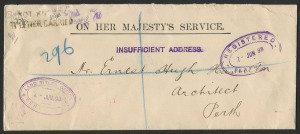 WESTERN AUSTRALIA - Postal History: 1898 (Jun. 2) Land Titles Office (Perth) stampless OHMS registered cover, sent locally, 'INSUFFICIENT ADDRESS' & 'NOT KNOWN/BY LETTER CARRIERS' straight-line datestamps, Perth DLO datestamps on reverse.