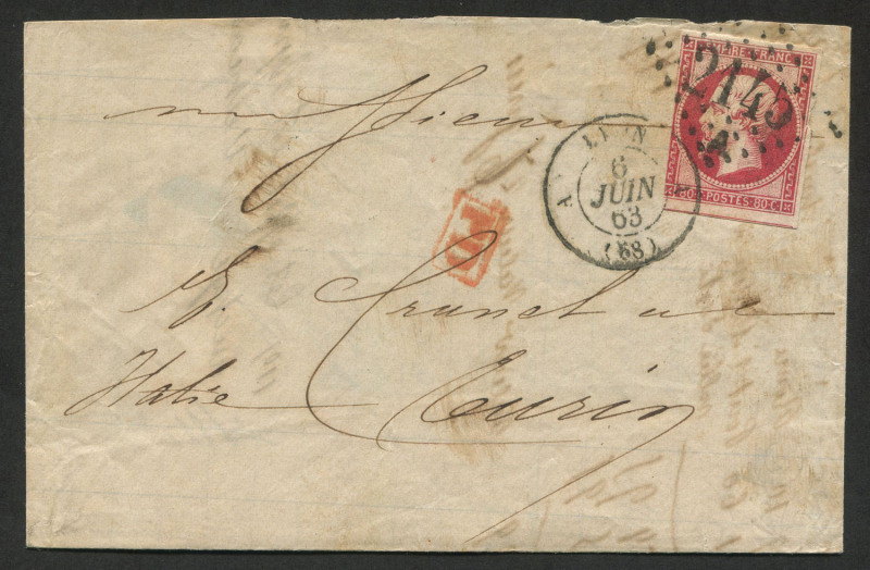 FRANCE - Postal History: 1863 (Jun. 6) outer with imperf 80c rose Napoleon (Dallay #16B, edge faults) tied by superb '2145' (large figures) lozenge with LYON datestamp alongside, boxed 'PD' handstamp in red; outer slightly reduced with incomplete transit