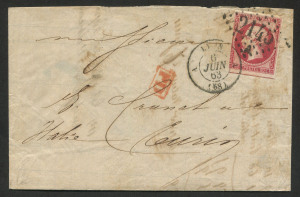 FRANCE - Postal History: 1863 (Jun. 6) outer with imperf 80c rose Napoleon (Dallay #16B, edge faults) tied by superb '2145' (large figures) lozenge with LYON datestamp alongside, boxed 'PD' handstamp in red; outer slightly reduced with incomplete transit backstamp.