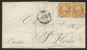 FRANCE - Postal History: 1855 (Nov. 28) folded letter to St Flour with imperf Type II 10c bistre Napoleon (Dallay #12II) pair (right unit shaved at lower right, otherwise complete margins) tied by superb '998' (small figures) lozenge, adjacent CLERMONT-F