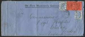 HONG KONG: 1895 (Jan.30) OHMS cover to "Commissioners, Royal Hospital, Chelsea, England" with QV 10c pair & 5c (2) tied by Code F 'HONG KONG' datestamps, paying UPU 10c triple rate; cover with vertical folds & edge faults.