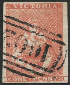 VICTORIA: FORGERY: 1d Half-Length forgery in orange-red, with fake BN '1602' cancel, fine condition.