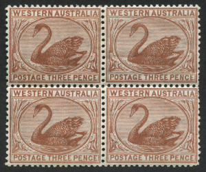 WESTERN AUSTRALIA: 1882-95 (SG.87) Wmk Crown CA P.14 3d red-brown block of 4, MUH, Cat £40++.