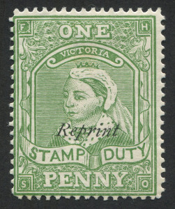 VICTORIA: REPRINT: 1d yellow-green Stamp Duty overprinted 'Reprint', slight colour transfer on lightly hinged full gum; fine.