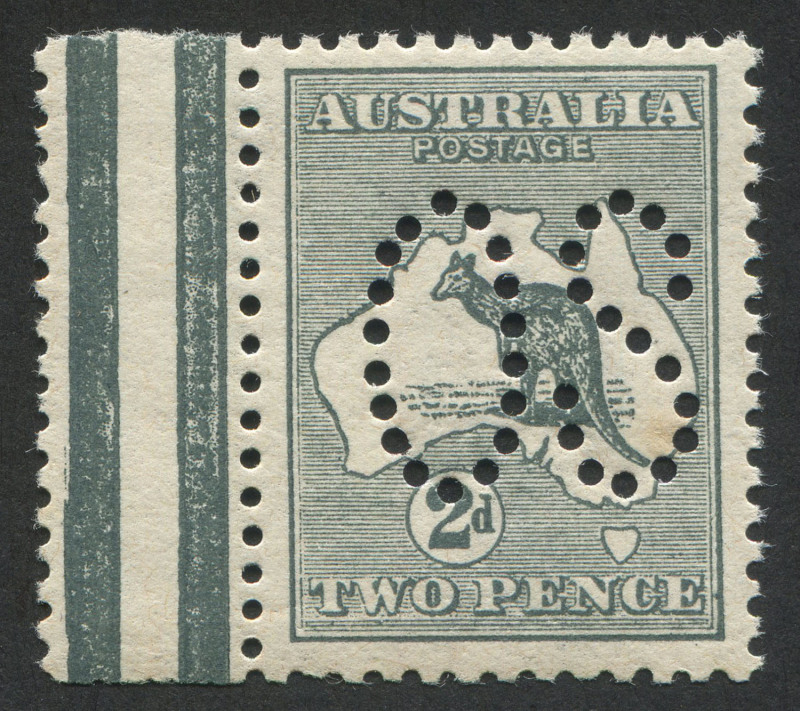 Kangaroos - First Watermark: 2d Grey, perforated Large OS, marginal single MUH; faint gum tone. Cat.$300.