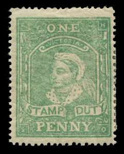 VICTORIA: 1867-81 (SG.253b) Typo Wmk V/Crown Stamp Duty 1d yellowish-green P.12½, hinge remnant, fine mint, Cat £140.
