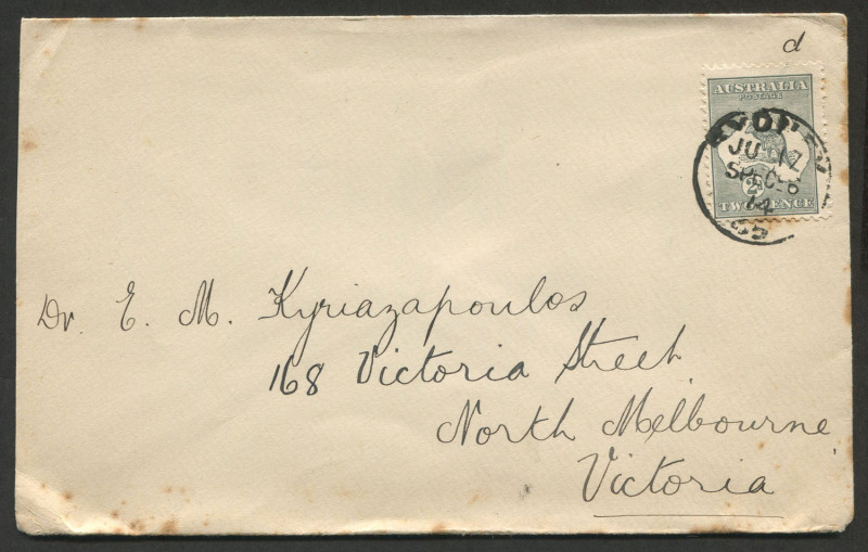 Kangaroos - First Watermark: June 1914 usage of 2d Grey on cover from Sydney to North Melbourne. Cat.$225. (but with some tone spots).