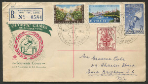 FDC: 1956 (Nov. 22) registered cover with complete Olympics set tied by MAIN STADIUM (PRESS) "'22NOV/1956" datestamps with matching special registration label numbered "0584", very fine condition.