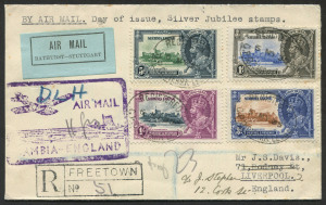 SIERRA LEONE: 6 May 1935 (SG.181-84) Silver Jubilee set, FU on registered FDC from Freetown; flown via Gambia to England, with large violet cachet and Liverpool arrival cds on reverse.