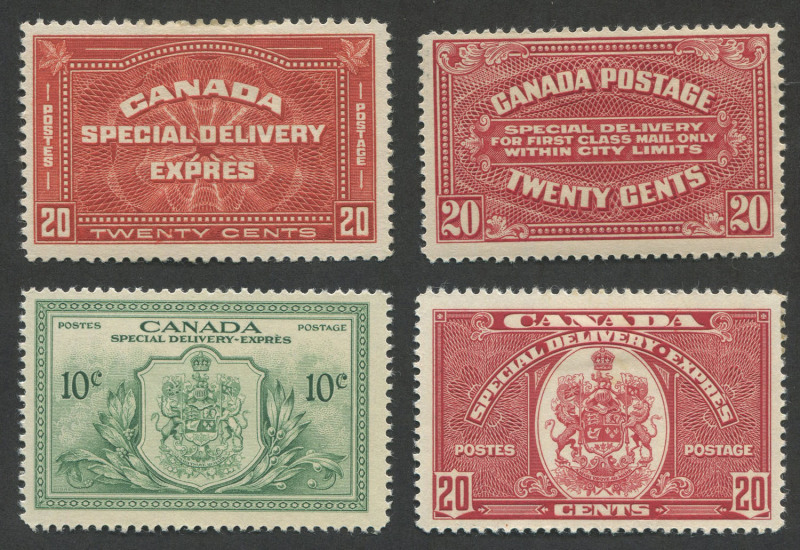 CANADA: SPECIAL DELIVERY: 1922 (SG.S4) 20c carmine-red, 1930 (SG.S6) 20c brown-red, 1938 (SG.S10) 20c scarlet & 1942 (SG.S12) 10c green. All fine M/MLH. (4). Cat.�138.