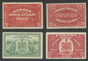 CANADA: SPECIAL DELIVERY: 1922 (SG.S4) 20c carmine-red, 1930 (SG.S6) 20c brown-red, 1938 (SG.S10) 20c scarlet & 1942 (SG.S12) 10c green. All fine M/MLH. (4). Cat.�138.