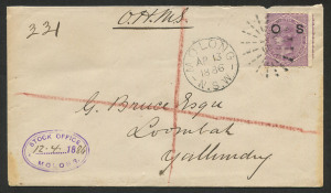 NEW SOUTH WALES - Postal History: 1886 (Apr.12) registered cover from the Stock Office Molong to Yallundry; with mss registrartion marking, 6d pale lilac OS overprint tied by Rays "15" with MOLONG cds alongside. (part rear flap missing).