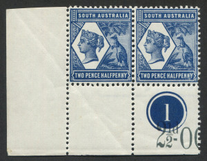 SOUTH AUSTRALIA: 1894-1906 (SG.237) Tannenberg 2½d indigo Queen & Kangaroo, Perf. 13  Plate "1" bottom left  Plate "1" corner pair with partial sheet value inscription MVLH/MUH. (2).