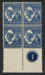 SOUTH AUSTRALIA: 1894-1906 (SG.239) Detmold Paper 2½d Perf.12x11½ Plate "1" bottom margin block of (4), the lower units MUH.