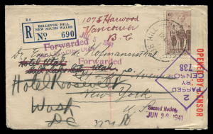 Australia: Postal History: 16 May 1941 use of 6d A.I.F. on a much-travelled Registered cover from BELLEVUE HILL to DR. Emilio de Hoffmanstahl (an ex-Austraian lawyer) in NEW YORK. With censor handstamp and tape, forward on receipt at his address in Fifth