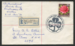 FDC: GIRL GUIDES: 6 Jan.1970 registered cover from the "INTERNATIONAL GUIDE CAMP, BRITANNIA PARK, VIC." to N.S.W.; 30c Waratah tied by pictorial datestamp, with provisional blue R-label #043 (typed details) alongside. Rare.