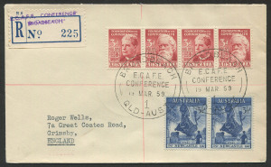 FDC: E.C.A.F.E. CONFERENCE: 19 March 1959 registered cover from BROADBEACH to England; adhesives tied by special cds (last day of Conference) with preovisional blue R-label #225 (handstamped details) at left; Brisbane transit b/s.