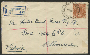 Australia: Postal History: "ANTECHAMBER BAY" (Kangaroo Island) Jan.1937 tieing 5d KGV on registered cover (with PENNESHAW R-label) to Melbourne; with Penneshaw, Adelaide & Melbourne b/stamps.