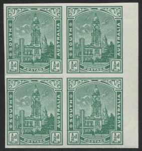 SOUTH AUSTRALIA: Colour Trials: 1899 ½d GPO Imperforate block of (4) in deep green, with full unmounted gum. MUH.