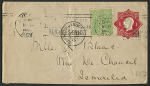 KGV Heads - Large Multiple Watermark: ½d Green with variety "horizontal razor cut in green below king's ear" affixed to KGV 1d Octagonal die Envelope, used from Sydney (Nov.1918) to ISMAILIA, EGYPT; with circular "PASSED BY CENSOR No.14" handstamp.; ISMA