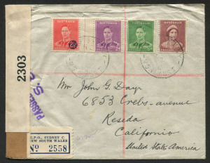 Australia: Postal History: Jan.1942 usage of 1d + 1½d + 2d + 2½d defins. on registered censored cover from Sydney to California. [Despatched shortly after the attack on Pearl Harbour in December 1941, the cover took nearly 2 months to cross the Pacific.]