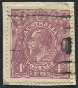 KGV Heads - Single Watermark: 4d Violet, FU on piece with variety "White spot in front of emu's neck". BW:111(2)n - $100.