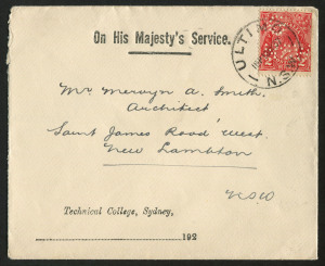 Australia: Postal History: May 1937 usage of KGV 2d Red perf. "G NSW" on OHMS cover for the Technical College, Sydney to New Lambton. 