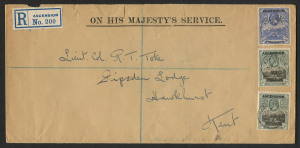 ASCENSION: 1923 (July 9) registered OHMS 2oz rate cover to England; franked 7d, comprising SG.4 (2) + SG.5, each cancelled with type Z3 code A cds. London registred d/s on reverse. (part flap mssing). Cat.�56 x 5.