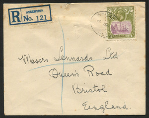 ASCENSION: 1929 (March 18) registered cover to England, with 5d Colony Badge (SG.15d) tied by oval reg'd datestamp; London reg'd backstamp.