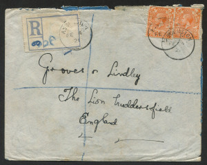 ASCENSION: 1921 (Feb.4) registered cover to England, franked KGV 2d orange Die 1 (SG.Z42 x 2) tied by type Z3 cds as is the blank R-label; with London Reg'd arrival b/stamp. (opened a little roughly).