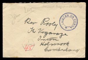 Tristan da Cunha: 1934 (July-Aug.) visit of sailing ship "Ponape": cover to England via Singapore (arrived 24 Sept and hexagonal tax stamp applied) with fine type V cachet (SG.C6) in blue; the 45c amount taxed does not appear to have been collected.