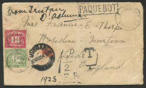 Tristan da Cunha: 1923 (Mar.21-23) visit of H.M.S.Dublin: cover (with faults) to England with fair type III cachet (SG.C3 - �300) in black, boxed PAQUEBOT h/s and "DURBAN / 26 MAR 23" transit cds; taxed on arrival with appropriate handstamps and adhesive