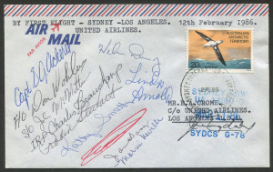 AUSTRALIA: Aerophilately & Flight Covers: 12 Feb.1986 (AAMC.2010a) Australia - United States, cover carried on the first flight by United Airlines, following the cessation of Pan Am flights over this route; receival h/s on reverse. Signed by the entire c