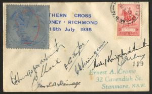 AUSTRALIA: Aerophilately & Flight Covers: 18 July 1935 (AAMC.515) The last flight of the "Southern Cross" special flown cover with route-map vignette and signed by Charles Kingsford Smith and the other six personnel on board for the flight from Mascot to