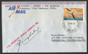AUSTRALIA: Aerophilately & Flight Covers: 11 Feb.1986 (AAMC.2009c - new listing) Sydney - Los Angeles flown cover, carried abouard the last flight by Pan Am over this route. Signed on reverse by the Captain, the First Officer and other crew members and o