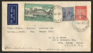 AUSTRALIA: Aerophilately & Flight Covers: 27 March 1936 (AAMC.595) Sydney - Broken Hill - Adelaide = Perth flown cover, carried by WASP Airlines to connect with Adelaide AIrways for the onwards journey; with Adelaide and Perth backstamps. Signed by both 