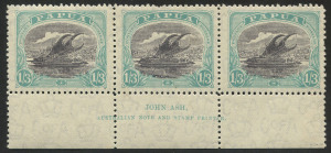 PAPUA: 1932 (SG.128) 1/3 lilac & pale greenish-blue, Ash Imprint strip (3) MUH; one pulled perf.