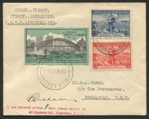 AUSTRALIA: Aerophilately & Flight Covers: 28 May 1936 (AAMC.606a) Sydney - Coonamble flown cover, carried and signed by pilot P. Graham for WASP Airlines Ltd, with eth WASP vignette tied. Endorsed "one of six" on reverse and with Coonamble receival b/sta