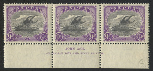 PAPUA: 1932 (SG.127) 9d lilac & violet Lakatoi, Ash Imprint strip (3); 2 Mint, 1 MUH.