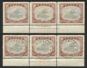 PAPUA: 1925 (SG.95aw) 1�d pale grey-blue & brown, Wmk Crown to right of A, Harrison Imprint strips of 3, one Unused, one VFU with SAMARAI E.D. Dec.1930 cds's. (6 stamps).