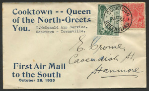 AUSTRALIA: Aerophilately & Flight Covers: 28 Oct.1935 (AAMC.550) Cooktown - Townsville flown cover, carried by McDonald Air Services with arrival backstamp.